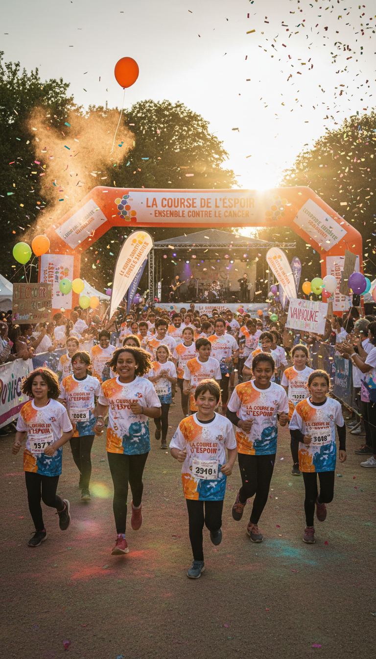 photo pour 'La course de l'espoir', un événement sportif inspirant et solidaire, mettant en valeur des participants en mouvement, énergie positive, ambiance festive, couleurs vives, atmosphère d'espoir et de soutien contre le cancer.