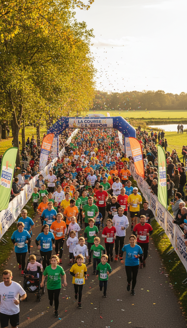 la course de l'espoir, ambiance familiale, familles courant ensemble, joyeuse, colorée, événement sportif accessible à tous